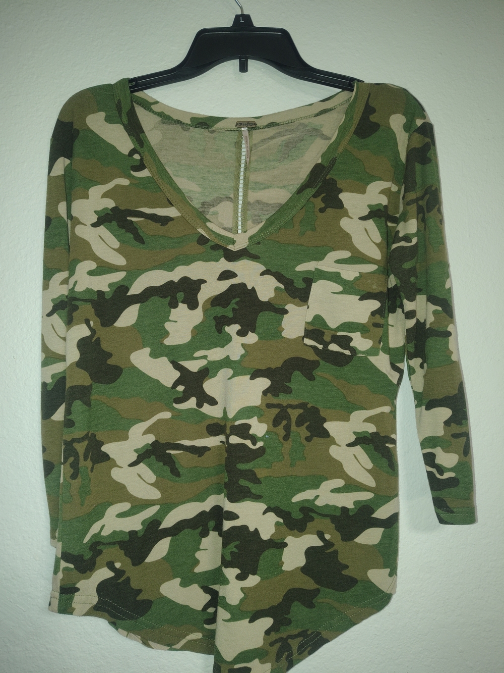 Poof! Women's Green Camo Long Sleeve V-Neck Tee